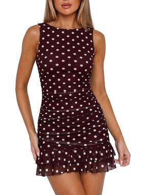 Women's Mini Dress Dot Brown Boat Neck Sleeveless Casual Classic Bodycon Summer